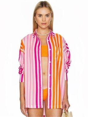 Beach Riot Alexa Striped Button Up Swim Cover Up Shirt Pink Orange Oversized S/M